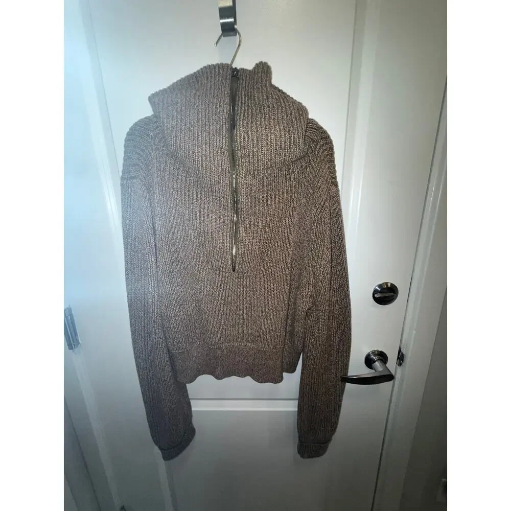 Varley Chunky Knit Quarter Zip Sweater Women Brown Oversized Collar Cozy